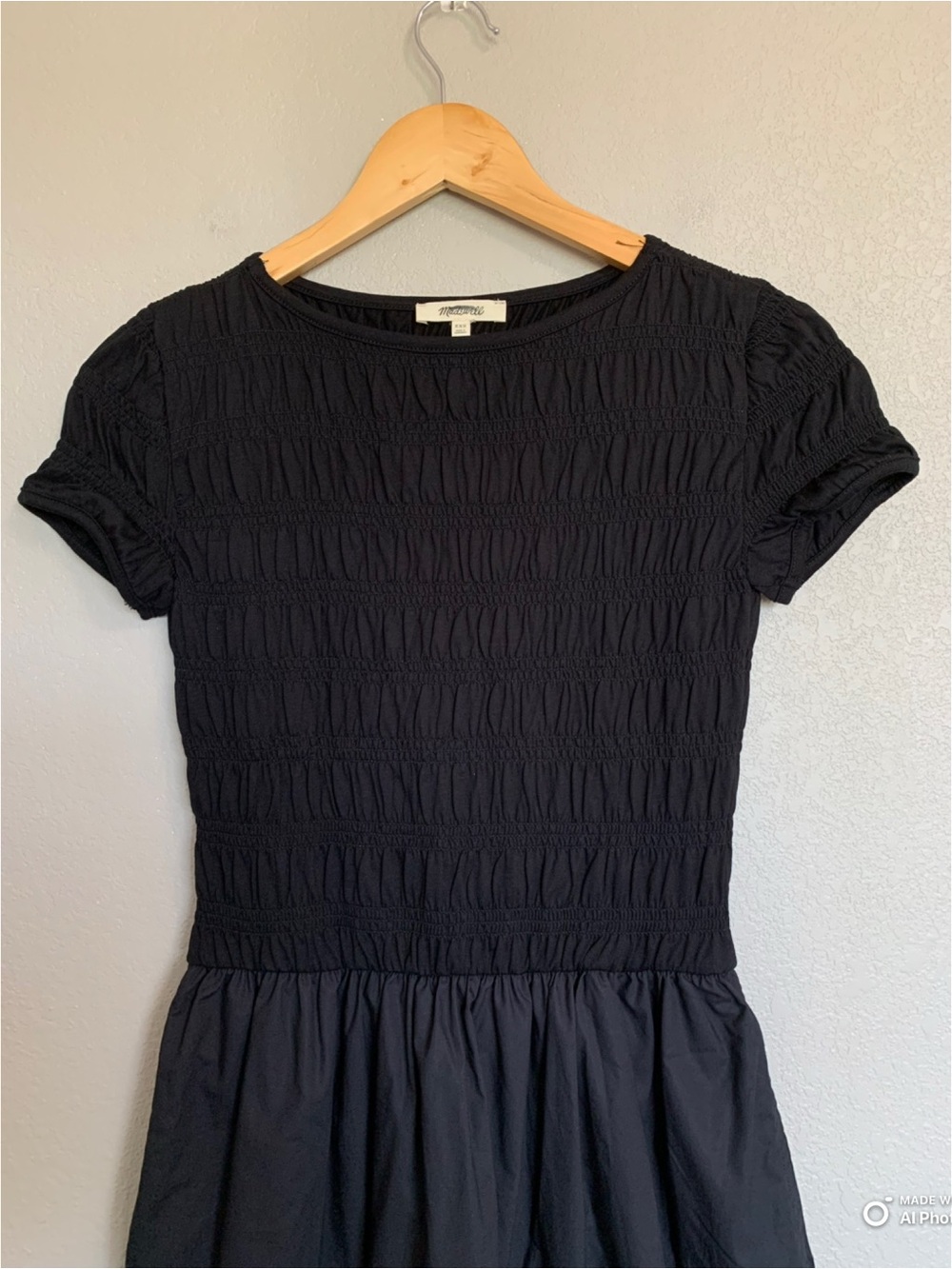 Madewell XXS Black Smocked Boatneck Midi Dress NWT Short Sleeve Cotton Dress - Picture 5 of 17